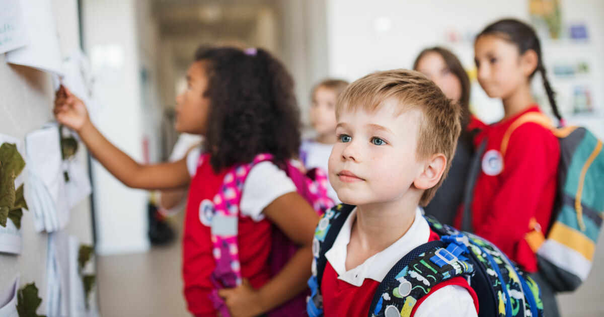 Niños con uniforme observan el tablón de anuncios del colegio