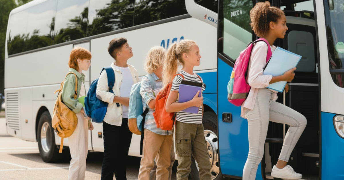 Escolares subiendo al autocar